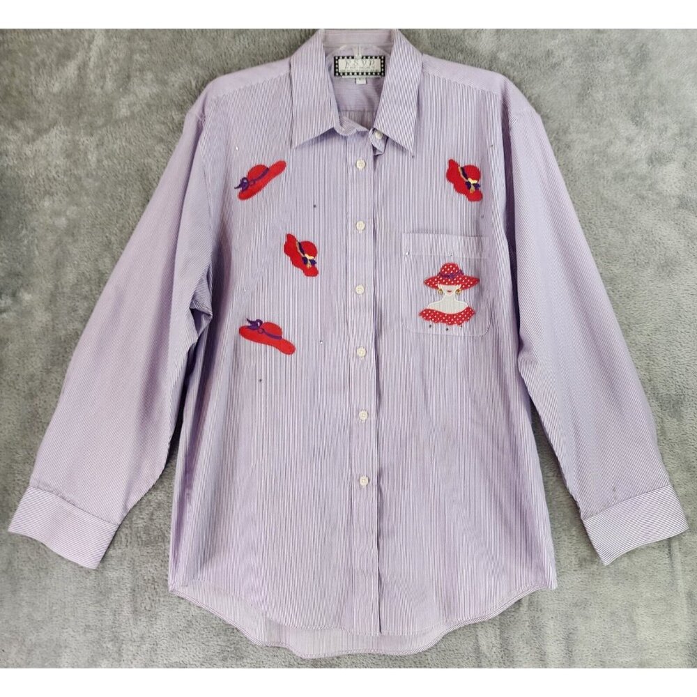 RSVP by Ace Shirt Womens Purple Striped Hat Embroidered Vintage Button Up Top
